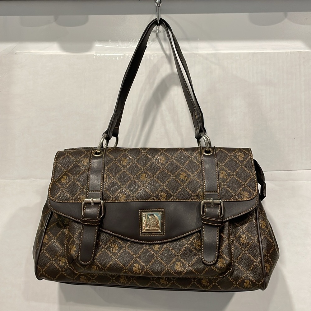 Alba by Chunma Shoulder Handbag Brown Logo‎ Faux Leather Preppy